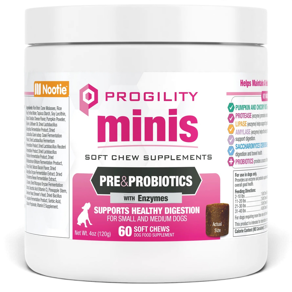 Progility Minis Pre & Probiotics with Enzymes — Digestive Support for Small & Medium Dogs | 60 Soft Chews