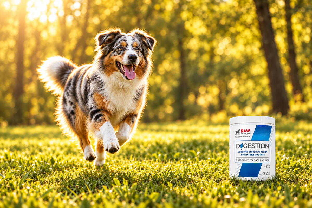 Australian Shepherd running joyfully through a sunny park with RAW Support Digestion supplement tub on grass — active dog digestive health lifestyle shot, Veltor Pets Canada
