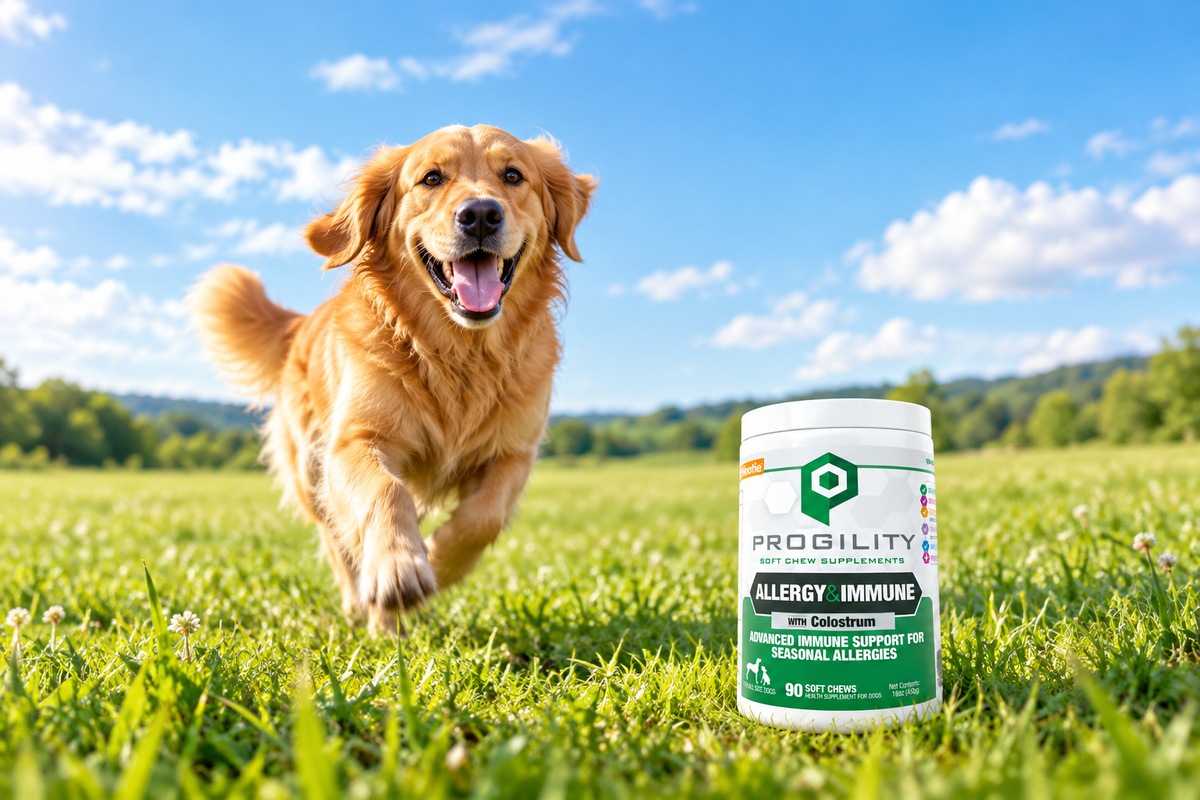 Happy Golden Retriever running in green meadow beside Progility Allergy & Immune with Colostrum tub — dog seasonal allergy supplement Canada