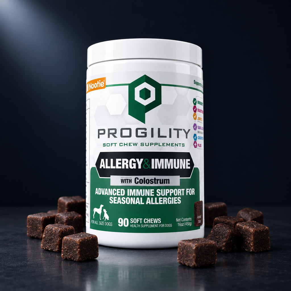 Progility Allergy & Immune with Colostrum 90 soft chews surrounded by soft chews — dog allergy supplement hero shot Canada