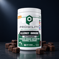 Progility Allergy & Immune with Colostrum 90 soft chews surrounded by soft chews — dog allergy supplement hero shot Canada
