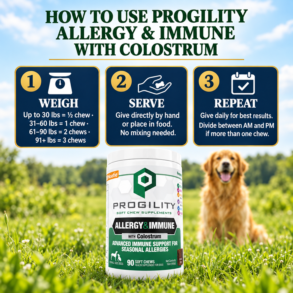 How to use Progility Allergy & Immune with Colostrum — weigh, serve, repeat dosing guide for dogs up to 91 lbs, dog allergy supplement Canada