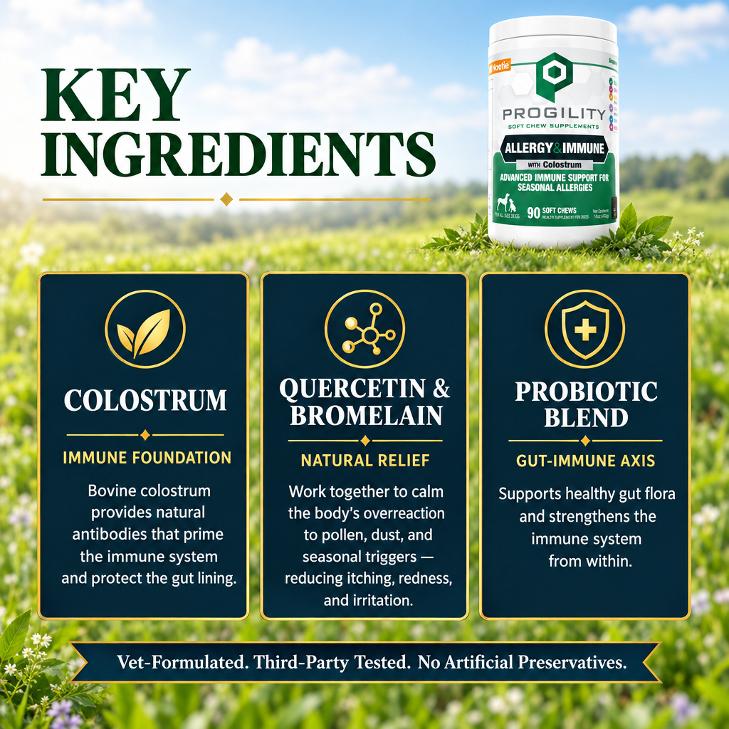 Key ingredients in Progility Allergy & Immune with Colostrum — Colostrum immune foundation, Quercetin and Bromelain, probiotic blend gut-immune axis — dog allergy supplement Canada