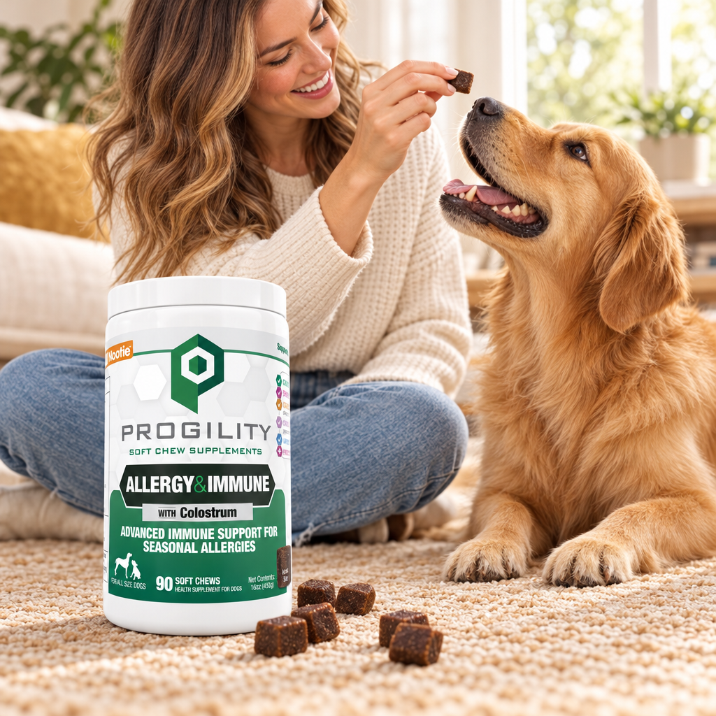 Owner hand-feeding Progility Allergy & Immune with Colostrum soft chew to Golden Retriever indoors — dog allergy supplement Canada