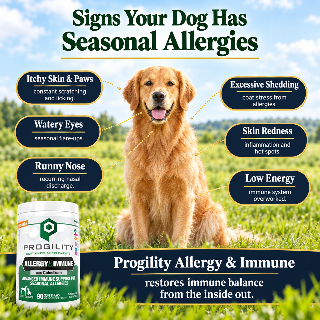 Signs your dog has seasonal allergies — itchy skin and paws, watery eyes, runny nose, excessive shedding, skin redness, low energy — Progility Allergy & Immune dog supplement Canada