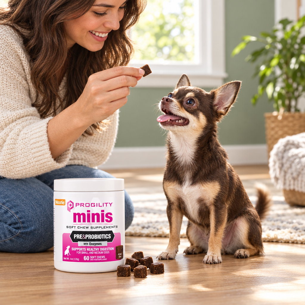 Smiling Chihuahua beside Progility Minis Pre & Probiotics tub — small dog digestive supplement with probiotics and enzymes Canada