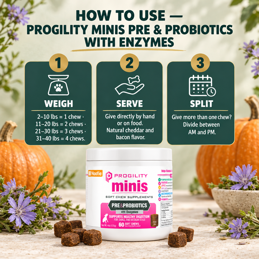 How to use Progility Minis Pre & Probiotics — weigh, serve, split dosing guide for small dogs 2–40 lbs, dog probiotic supplement Canada