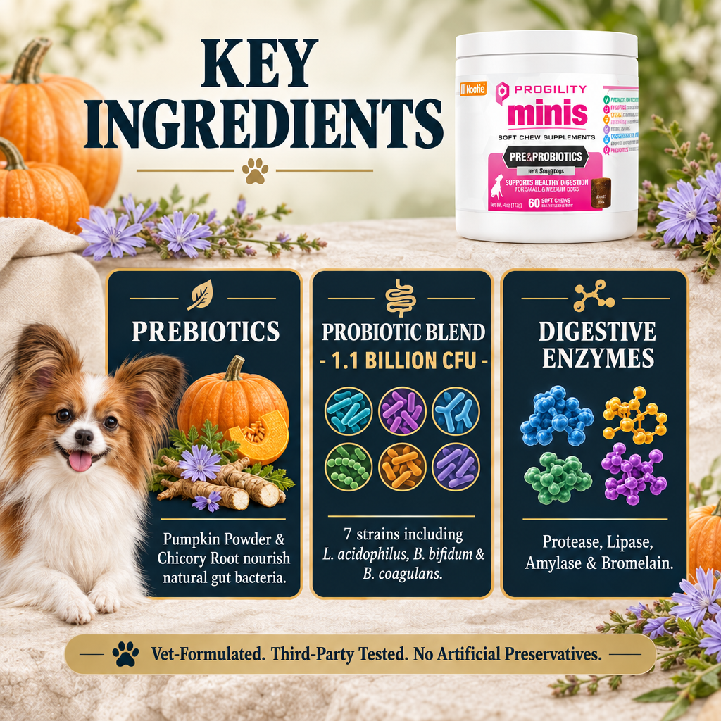 Key ingredients in Progility Minis Pre & Probiotics — Prebiotics, 1.1 Billion CFU probiotic blend, digestive enzymes — small dog gut health supplement Canada