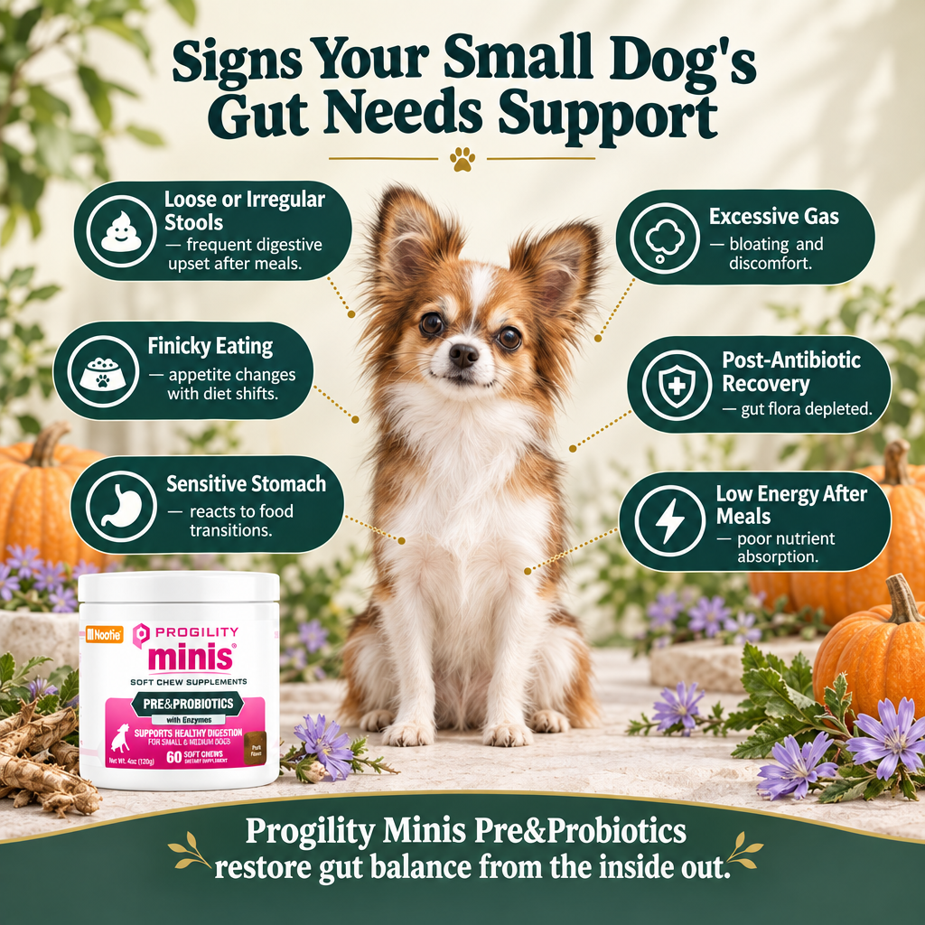 Signs a small dog needs digestive support — loose stools, gas, finicky eating, sensitive stomach — Progility Minis Pre & Probiotics probiotic supplement Canada