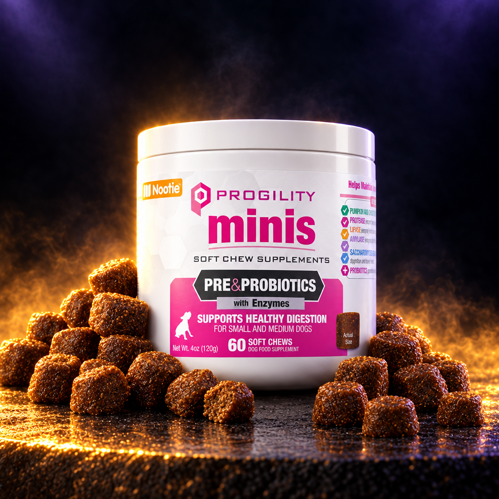 Progility Minis Pre & Probiotics with Enzymes 60 soft chews — hero product shot, small and medium dog digestive supplement Canada