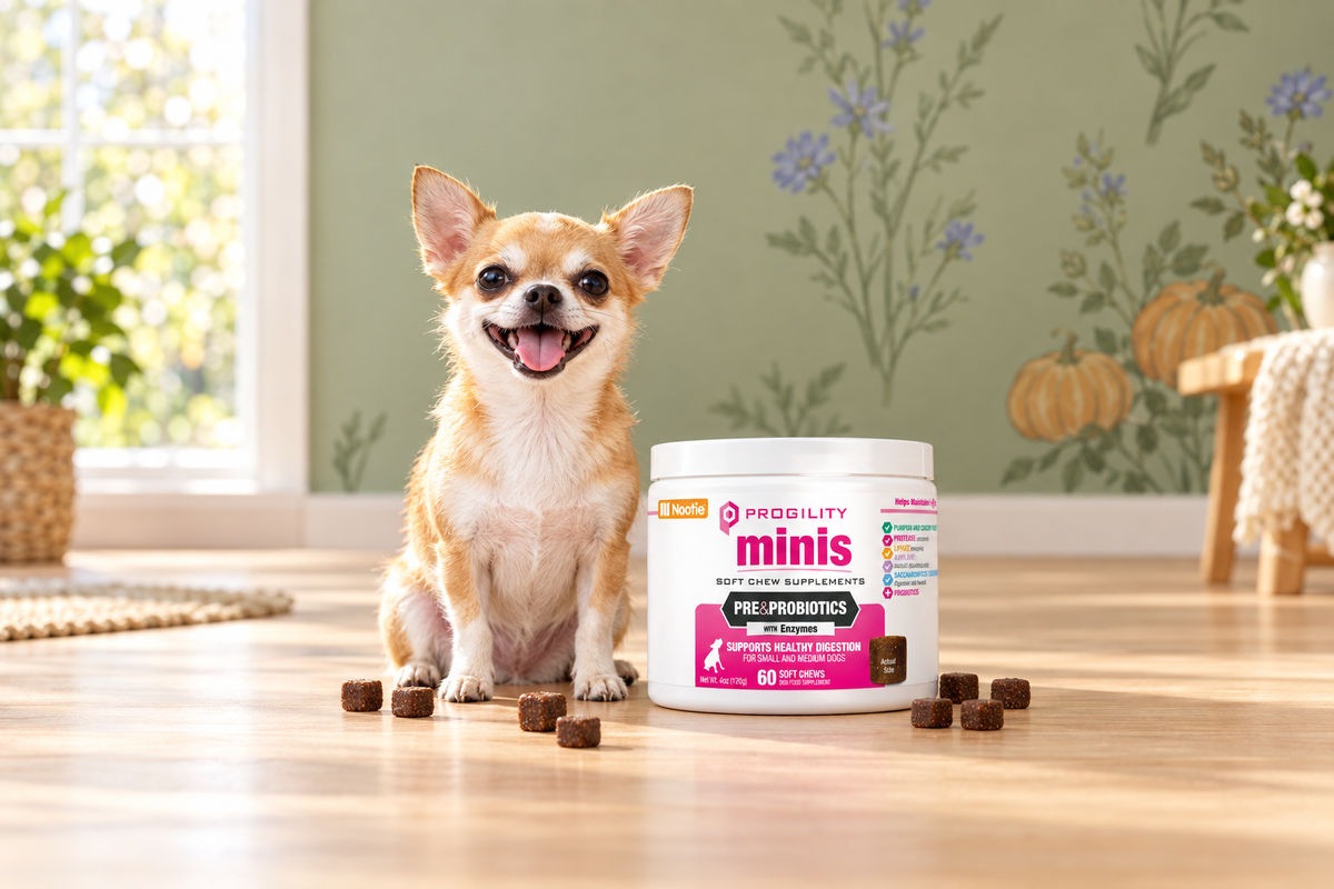 Progility Minis Pre & Probiotics with Enzymes 60 soft chews — hero product shot, small and medium dog digestive supplement Canada.
