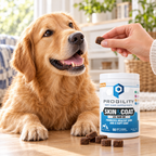Lifestyle image showing Progility Skin & Coat with Krill Oil being fed to a dog — daily soft chew routine for healthy skin and a soft coat, Veltor Pets Canada