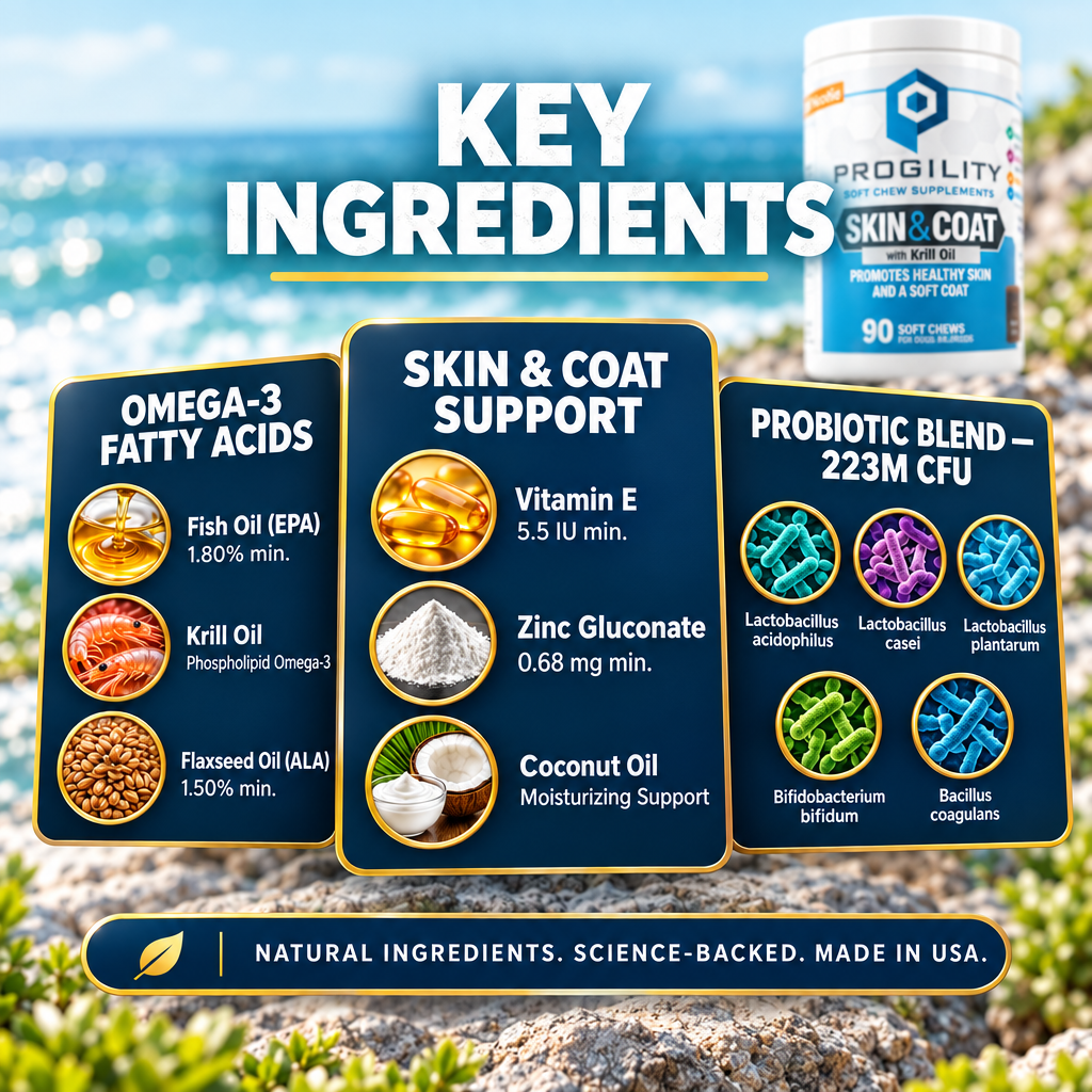 Progility Skin & Coat key ingredients infographic — krill oil, omega-3 fatty acids, biotin, and vitamin E for healthy skin and coat in dogs, square format