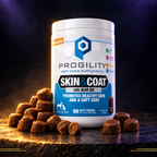 Progility Skin & Coat with Krill Oil soft chew supplement hero image on subtle purple and gold background — premium dog skin and coat supplement, Veltor Pets