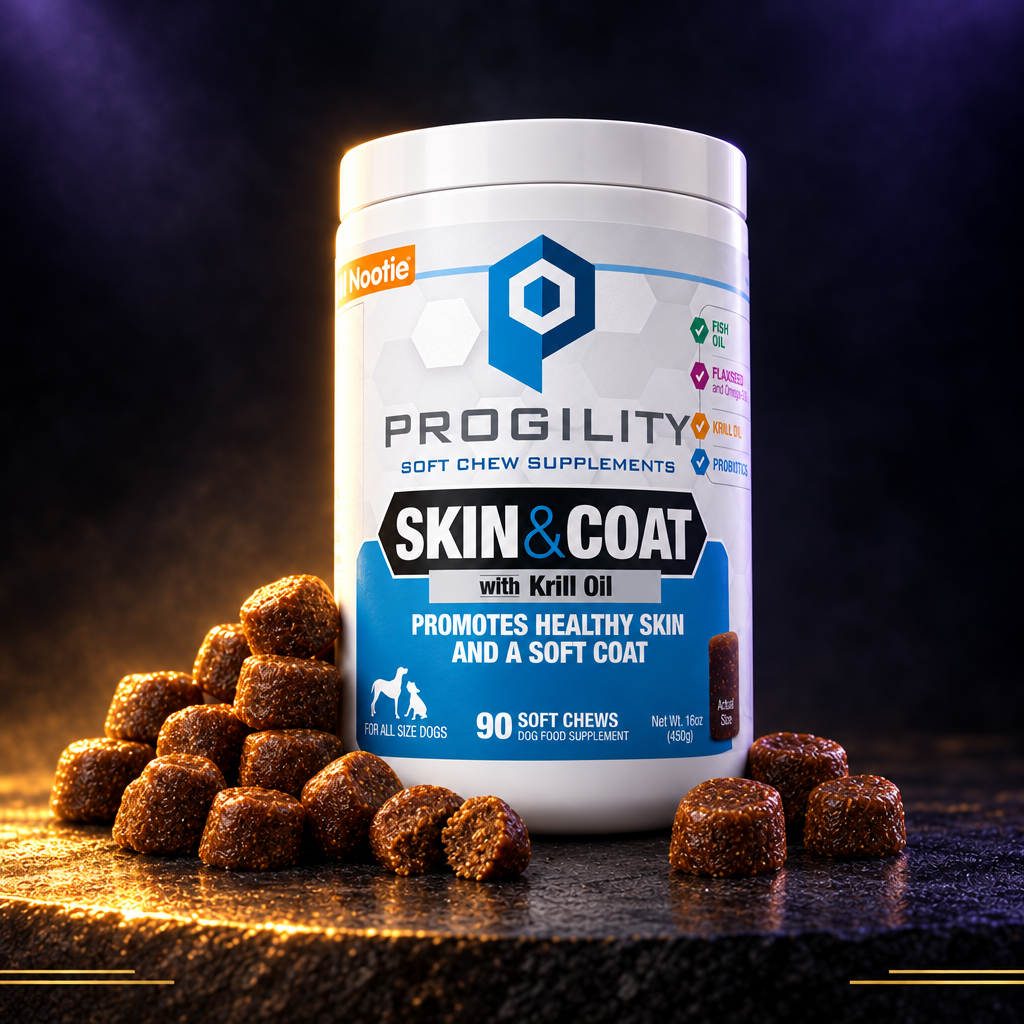 Progility Skin & Coat with Krill Oil soft chew supplement hero image on subtle purple and gold background — premium dog skin and coat supplement, Veltor Pets