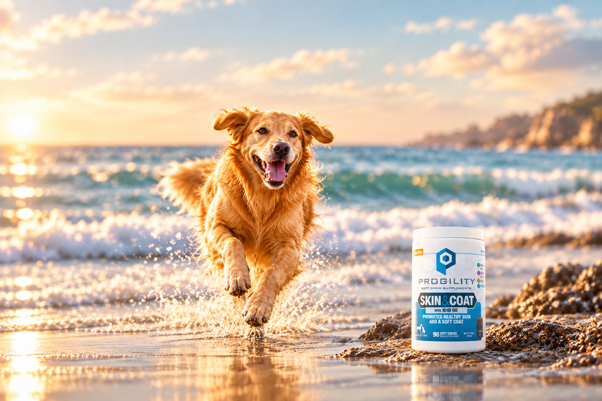 Progility Skin & Coat soft chew supplement landscape call-to-action banner — 90 soft chews with krill oil for dog skin and coat health, Veltor Pets Canada