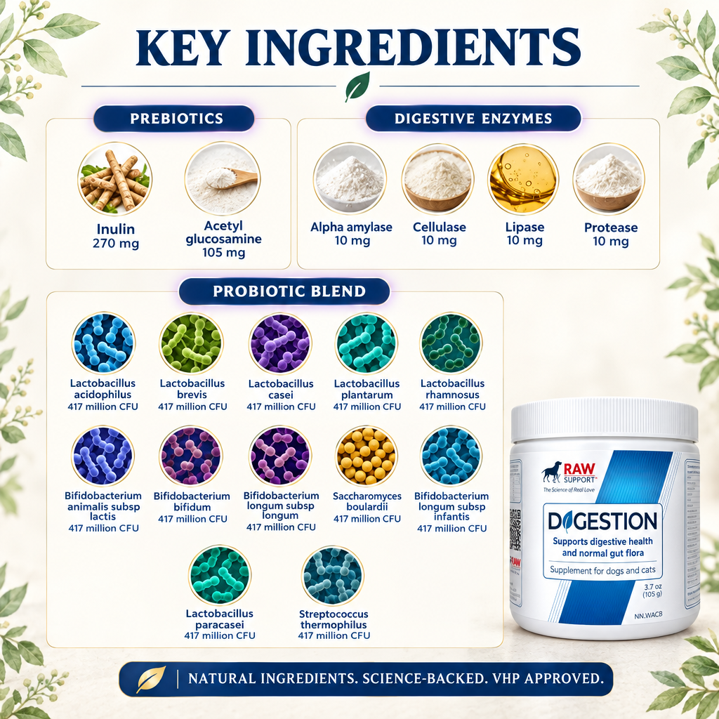 Infographic showing RAW Support Digestion key ingredients: prebiotics (Inulin 270mg, Acetyl Glucosamine 105mg), digestive enzymes (Alpha Amylase, Cellulase, Lipase, Protease), and 12-strain probiotic blend at 417 million CFU each — natural dog and cat digestive supplement, VHP approved Canada
