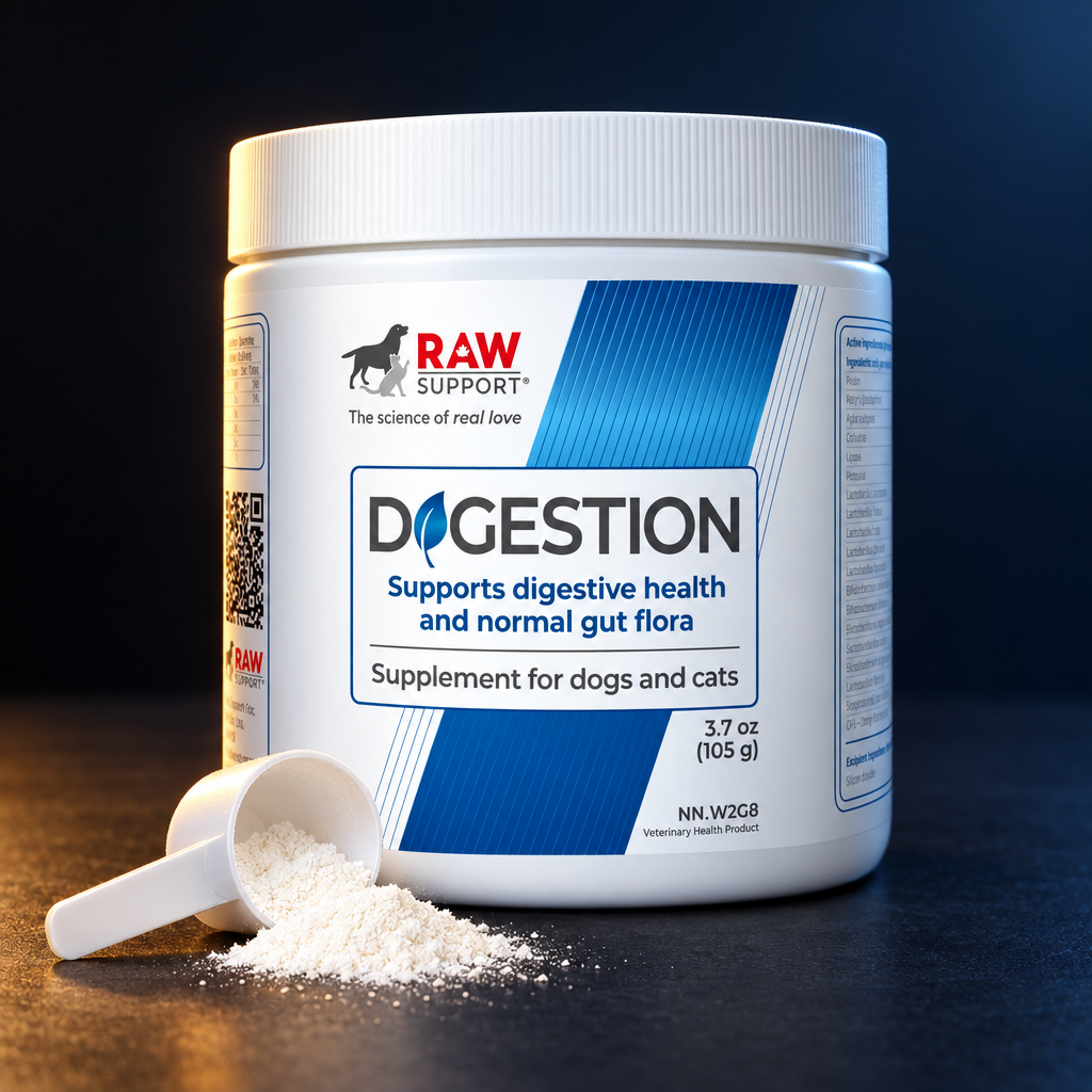 RAW Support Digestion 105g powder tub with white measuring scoop and loose powder on dark surface — probiotic and digestive enzyme supplement for dogs and cats, studio product shot Canada
