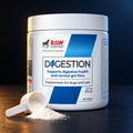 RAW Support Digestion 105g powder tub with white measuring scoop and loose powder on dark surface — probiotic and digestive enzyme supplement for dogs and cats, studio product shot Canada
