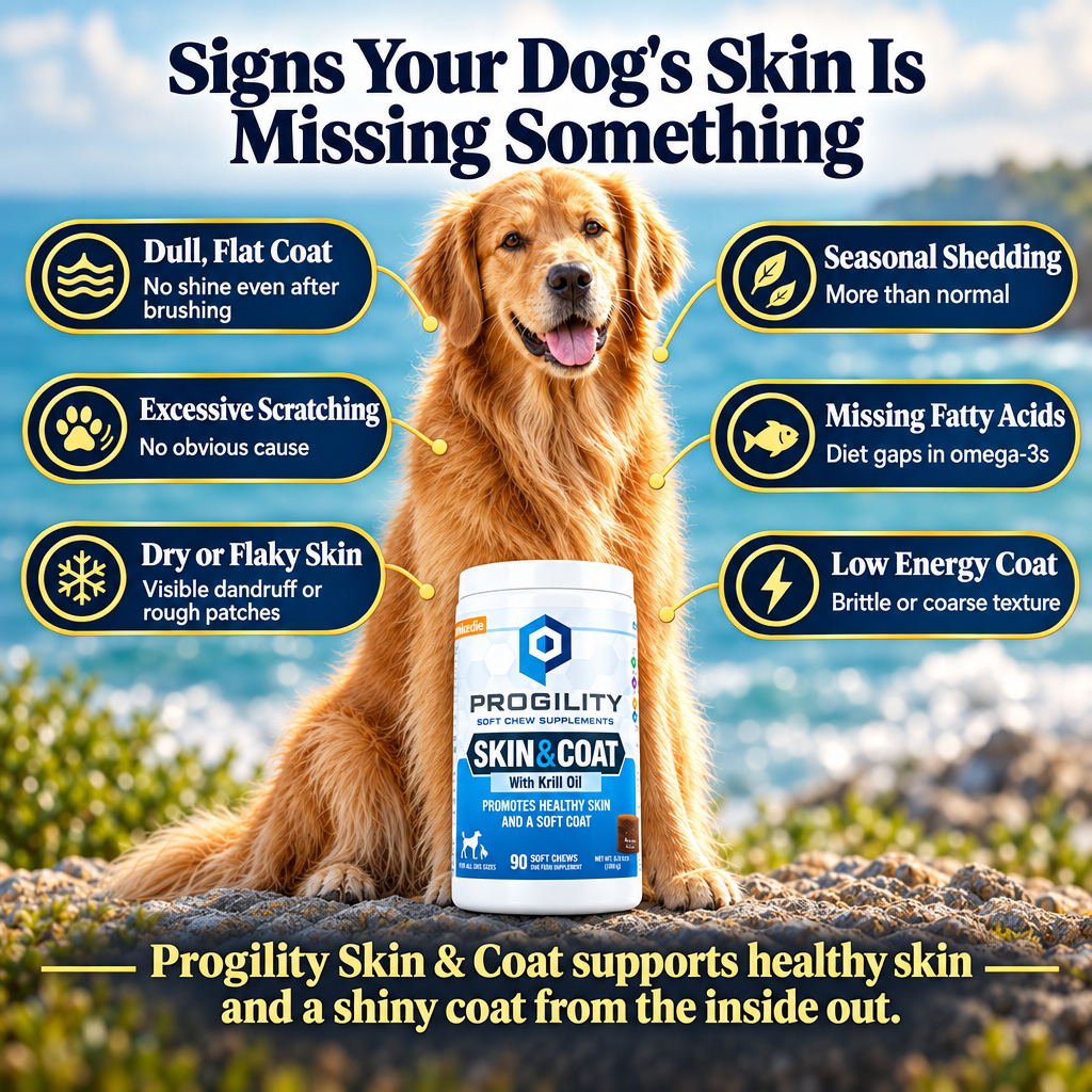 Why Veltor Pets carries Progility Skin & Coat with Krill Oil — editorial square graphic highlighting krill oil, omega-3, and coat health benefits for dogs