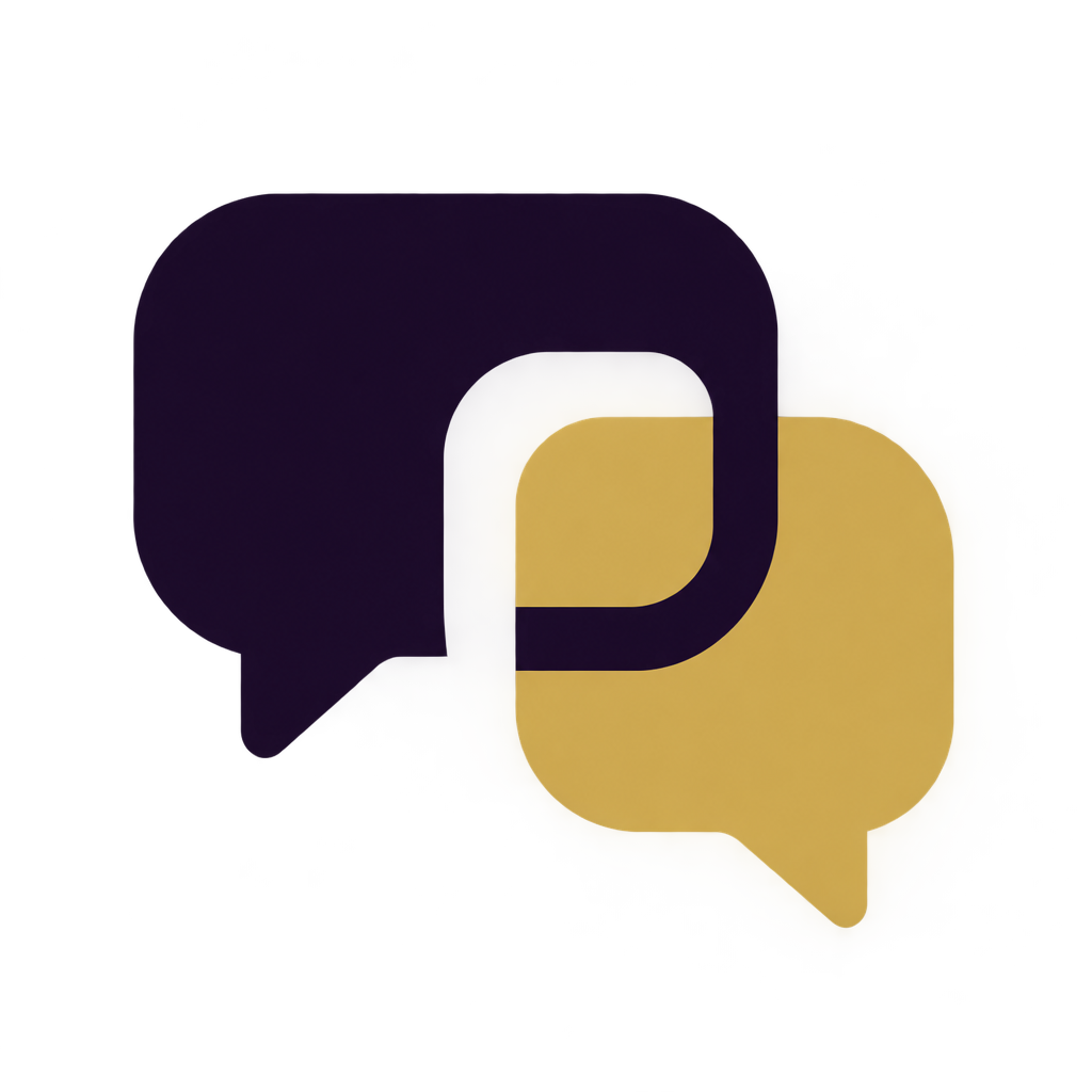 Bold custom purple-and-gold interlocking speech bubbles