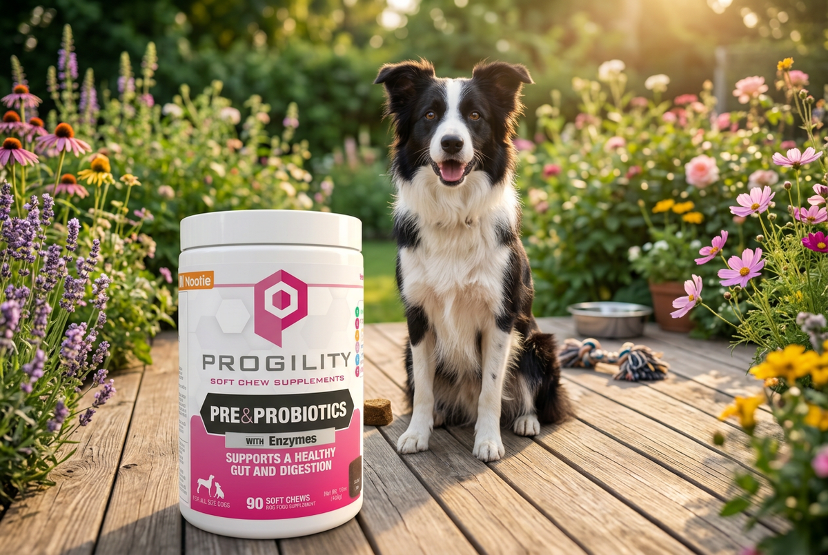 Border Collie sitting beside Progility Pre & Probiotics supplement tub — landscape lifestyle photo for dog gut health supplement in Canada