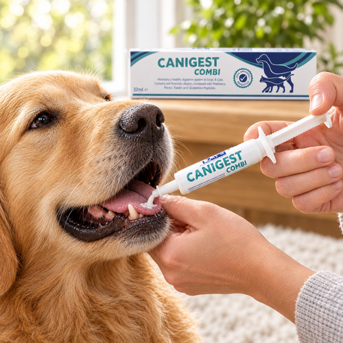 Owner administering Canigest Combi probiotic paste via syringe to a Golden Retriever — easy oral dosing for dogs