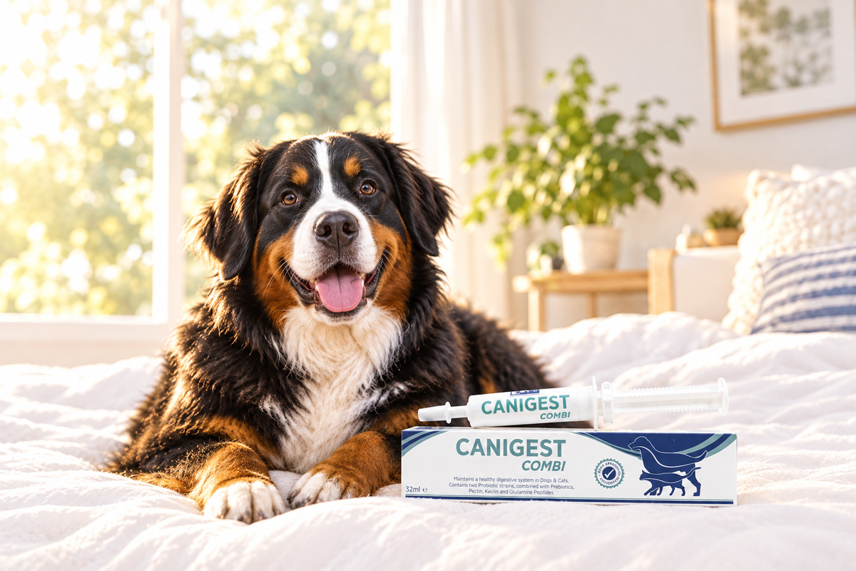 Bernese Mountain Dog relaxing on bed with Canigest Combi 32ml probiotic paste — digestive health supplement for dogs, Veltor Pets