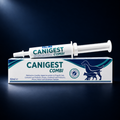 Canigest Combi 32ml probiotic paste premium studio shot — syringe and box on dark background, digestive supplement for dogs and cats