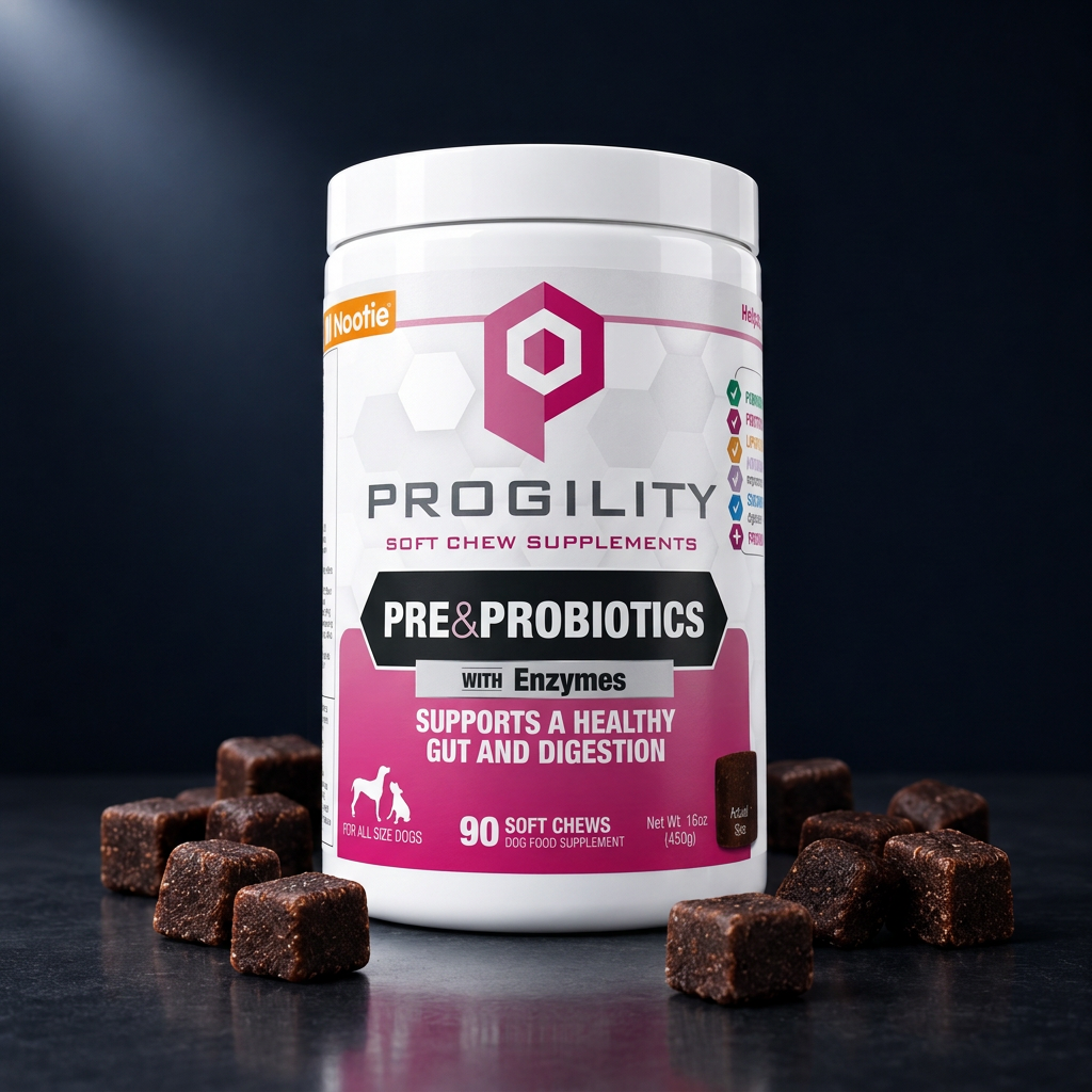 Progility Pre & Probiotics with Enzymes dog supplement hero shot on dark background — premium gut health soft chews for dogs in Canada