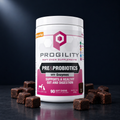 Progility Pre & Probiotics with Enzymes dog supplement hero shot on dark background — premium gut health soft chews for dogs in Canada