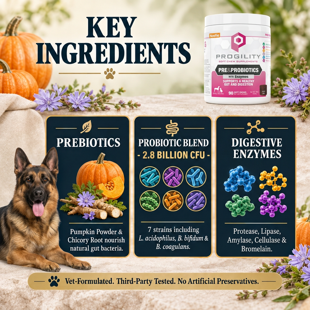 Key ingredients infographic for Progility Pre & Probiotics 90-chew dog supplement — prebiotics, probiotics, and enzymes for digestive health in Canada