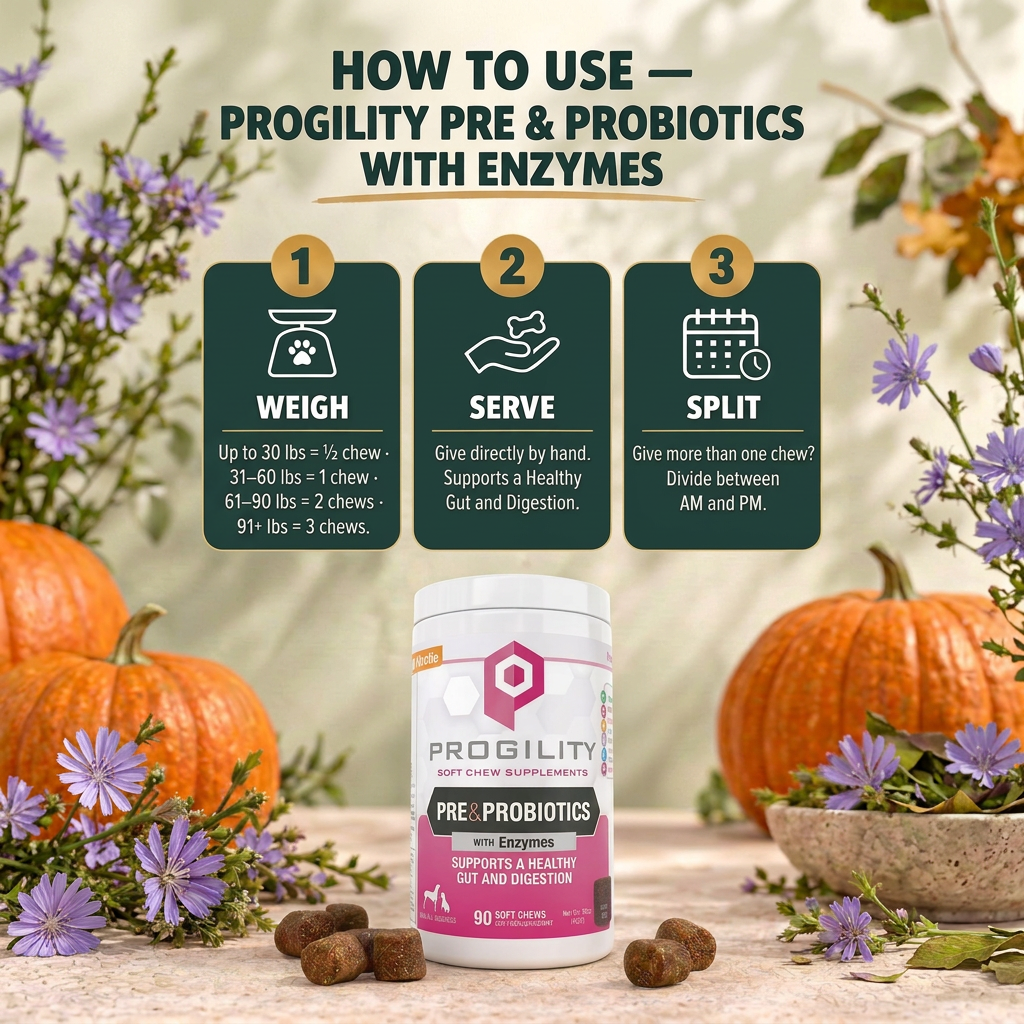 How to use Progility soft chew supplements for dogs — daily feeding instructions for probiotic and digestive support in Canada