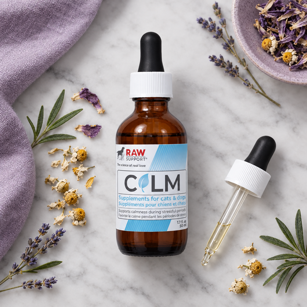 RAW Support Calm styled product flat lay — natural calming supplement for dogs Canada