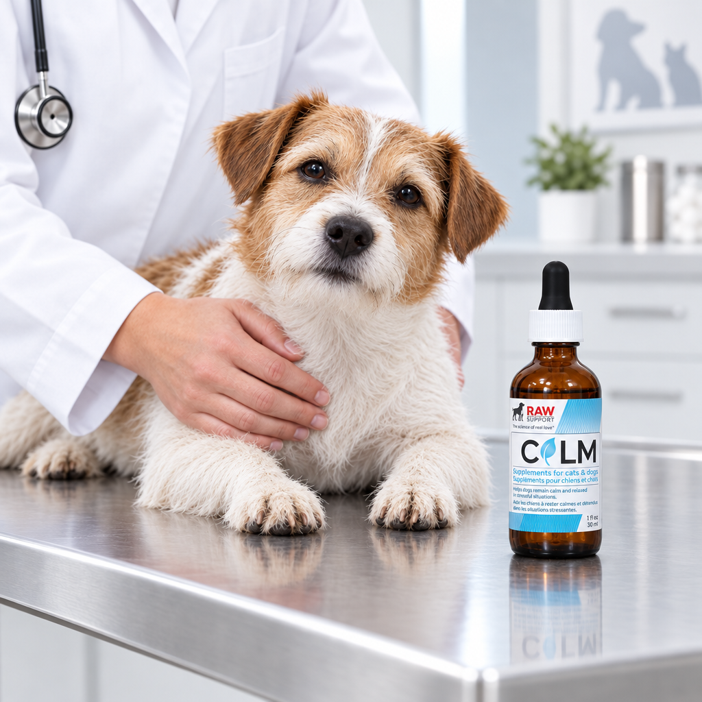 RAW Support Calm at veterinary visit — natural calming supplement for anxious dogs Canada