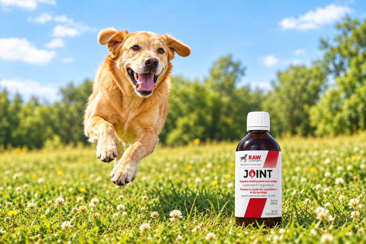 Happy Golden Retriever running in a sunny field beside RAW Support Joint liquid supplement — joint health for dogs, Veltor Pets Canada