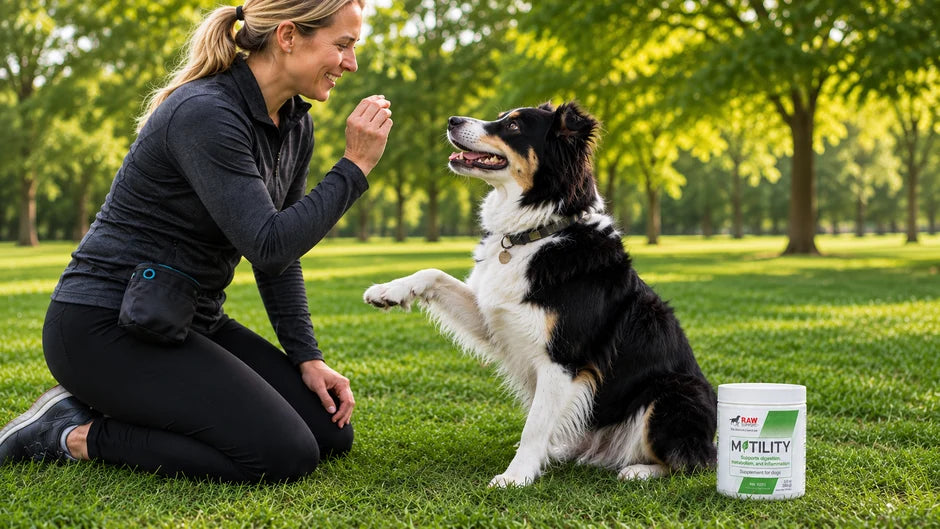 A woman kneels on a grassy park lawn next to a black and white dog, offering a treat while a white tub labeled RAW SUPPLEMENTS MOTILITY is placed beside them. Trees and green grass fill the background.