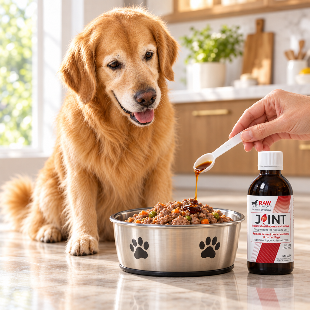 Measuring scoop next to RAW Support Motility powder bottle — daily joint and digestive supplement for dogs