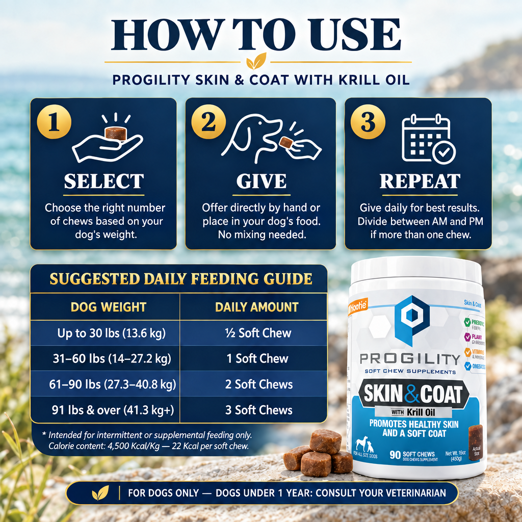 How to use Progility Skin & Coat with Krill Oil — 3-step guide with weight-based dosing chart for dogs of all sizes, dog skin and coat supplement Canada