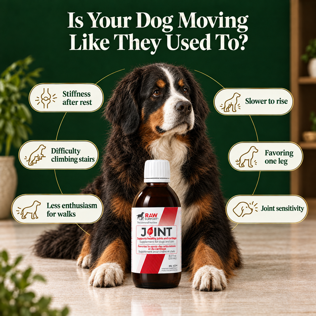Infographic showing signs a dog needs joint support — RAW Support Joint with yucca bottle