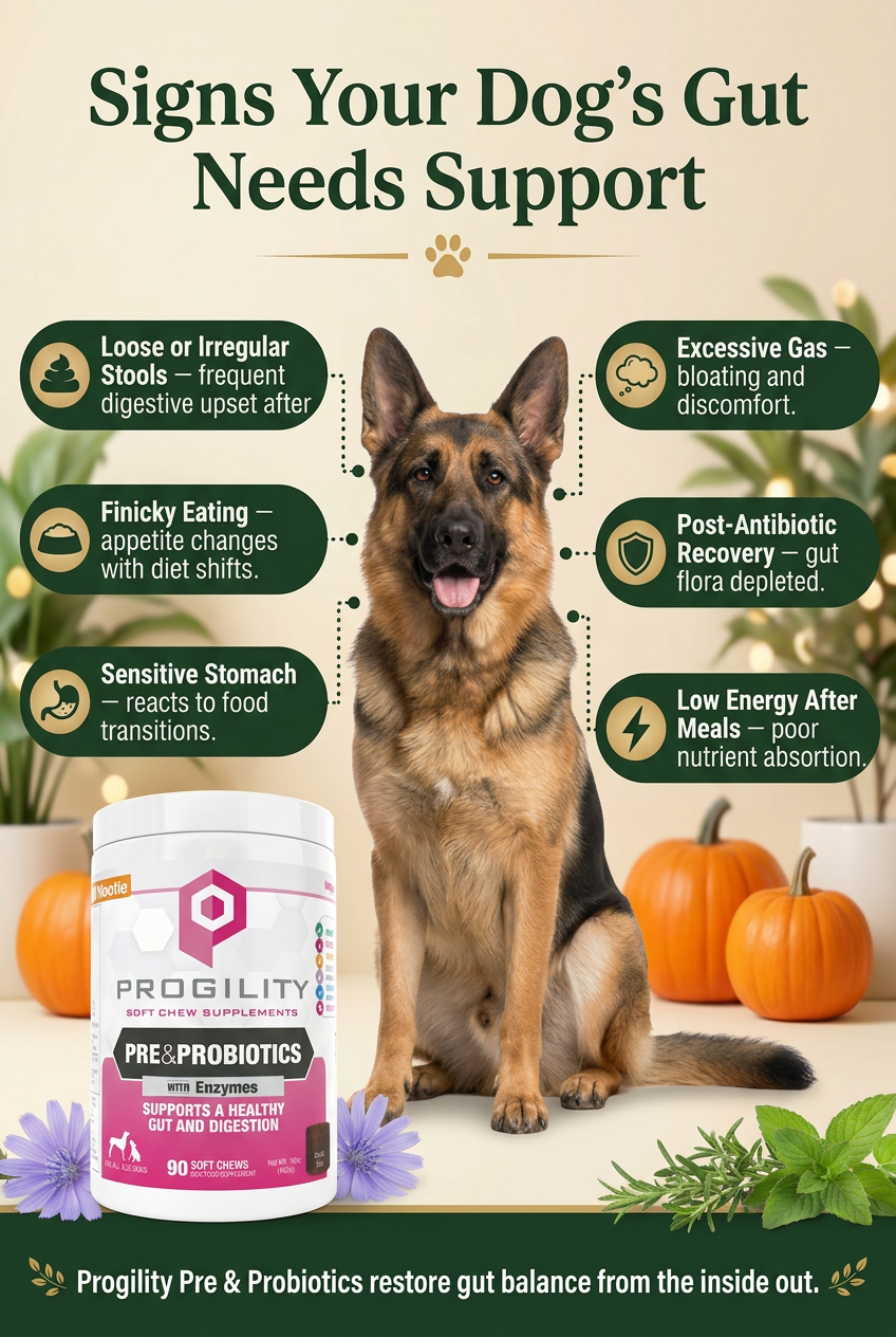 Infographic showing 6 signs your dog's gut needs support — loose stools, gas, finicky eating, sensitive stomach, post-antibiotic recovery, low energy — with Progility Pre & Probiotics in Canada