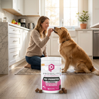 Woman giving her Golden Retriever a Progility Pre & Probiotics soft chew treat in a bright kitchen — daily dog digestive supplement in Canada